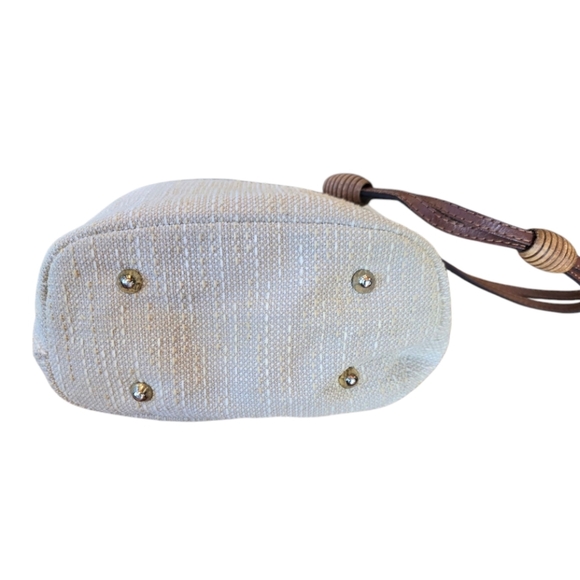 Italian Light Beige Woven Fabric Shoulder Bag With Brown Leather Strap - Picture 6 of 8